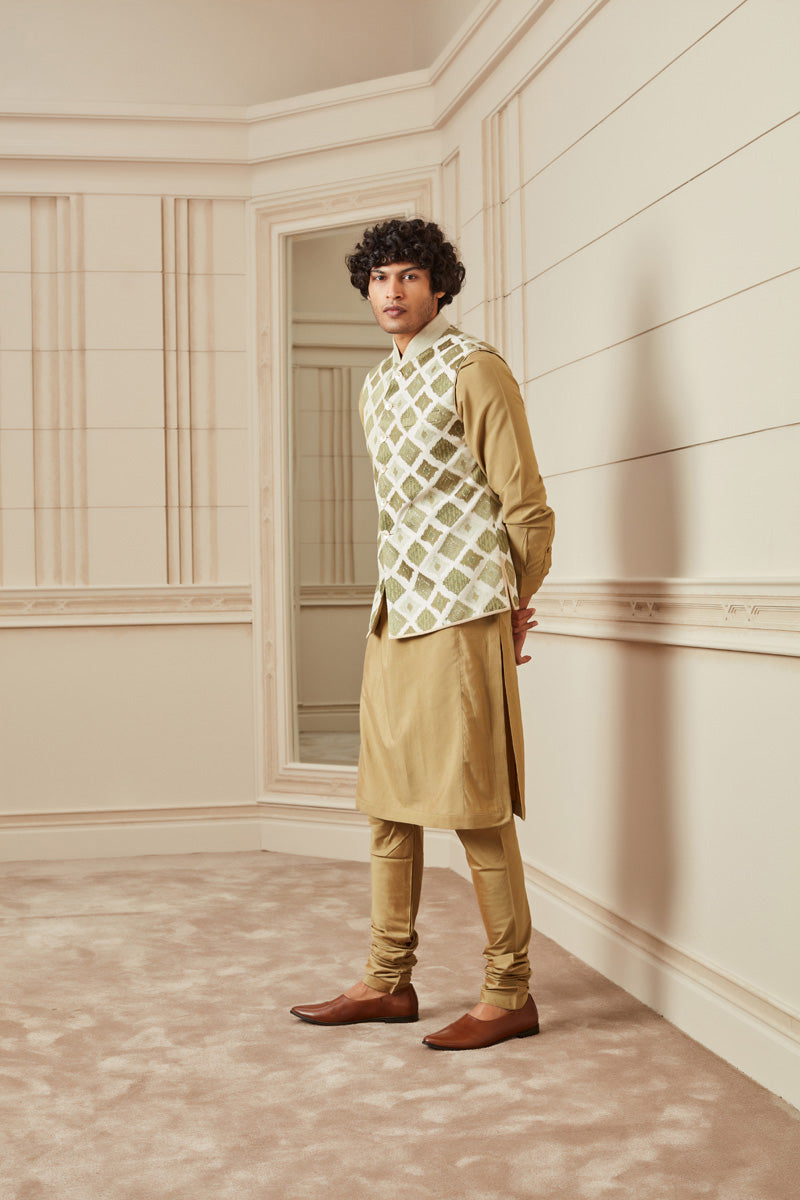 Light Green Raw Silk With Ombre Thread Kurta Bundi Set