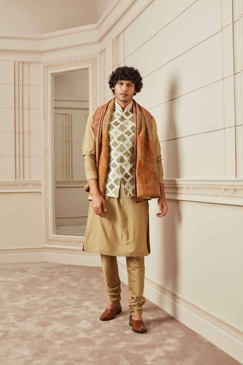 Light Green Raw Silk With Ombre Thread Kurta Bundi Set