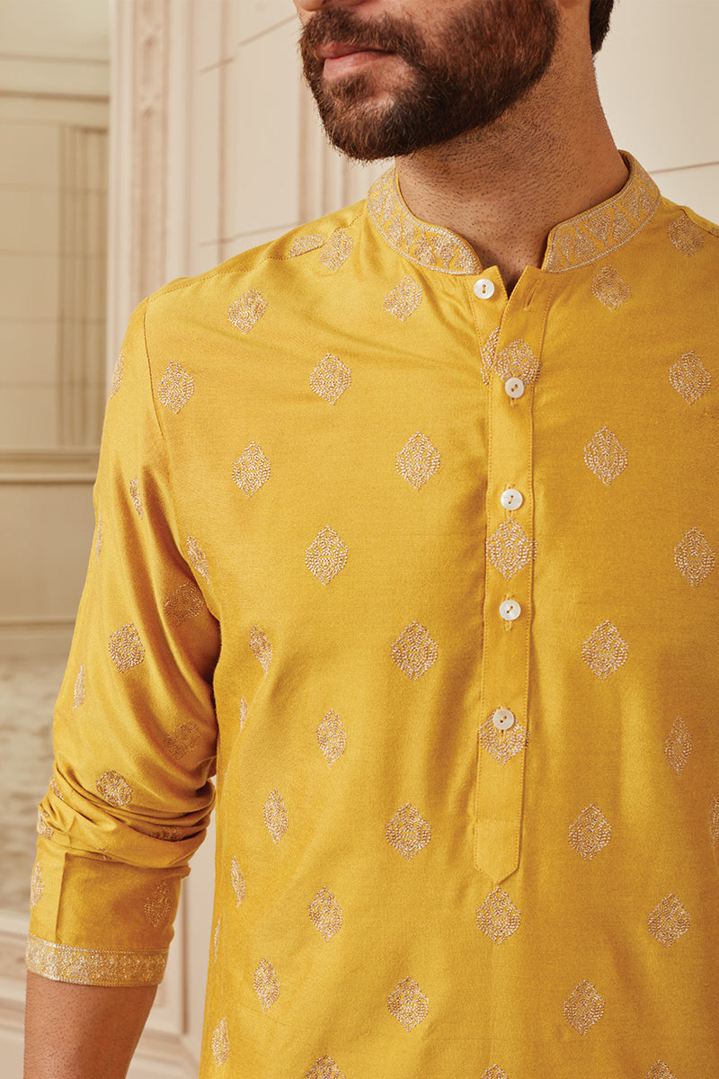 Yellow Ochre All Over Butti Embroidered Kurta Set