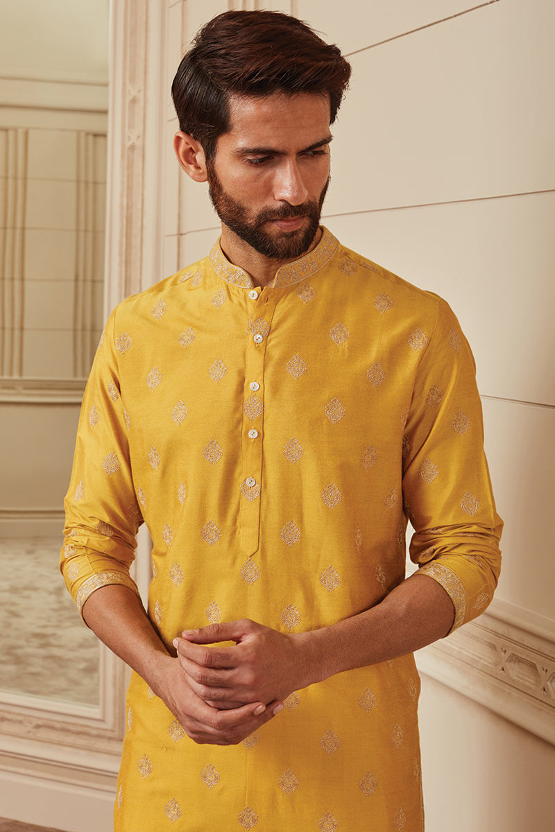 Yellow Ochre All Over Butti Embroidered Kurta Set