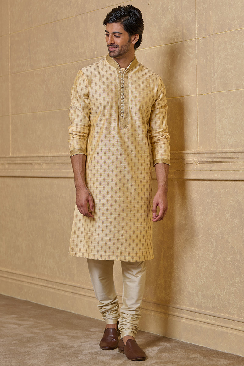 Gold Jacquard Kurta Set With Top Stitch Detailing