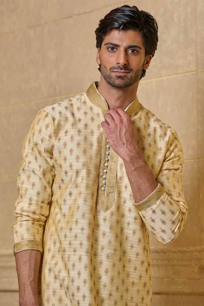 Gold Jacquard Kurta Set With Top Stitch Detailing