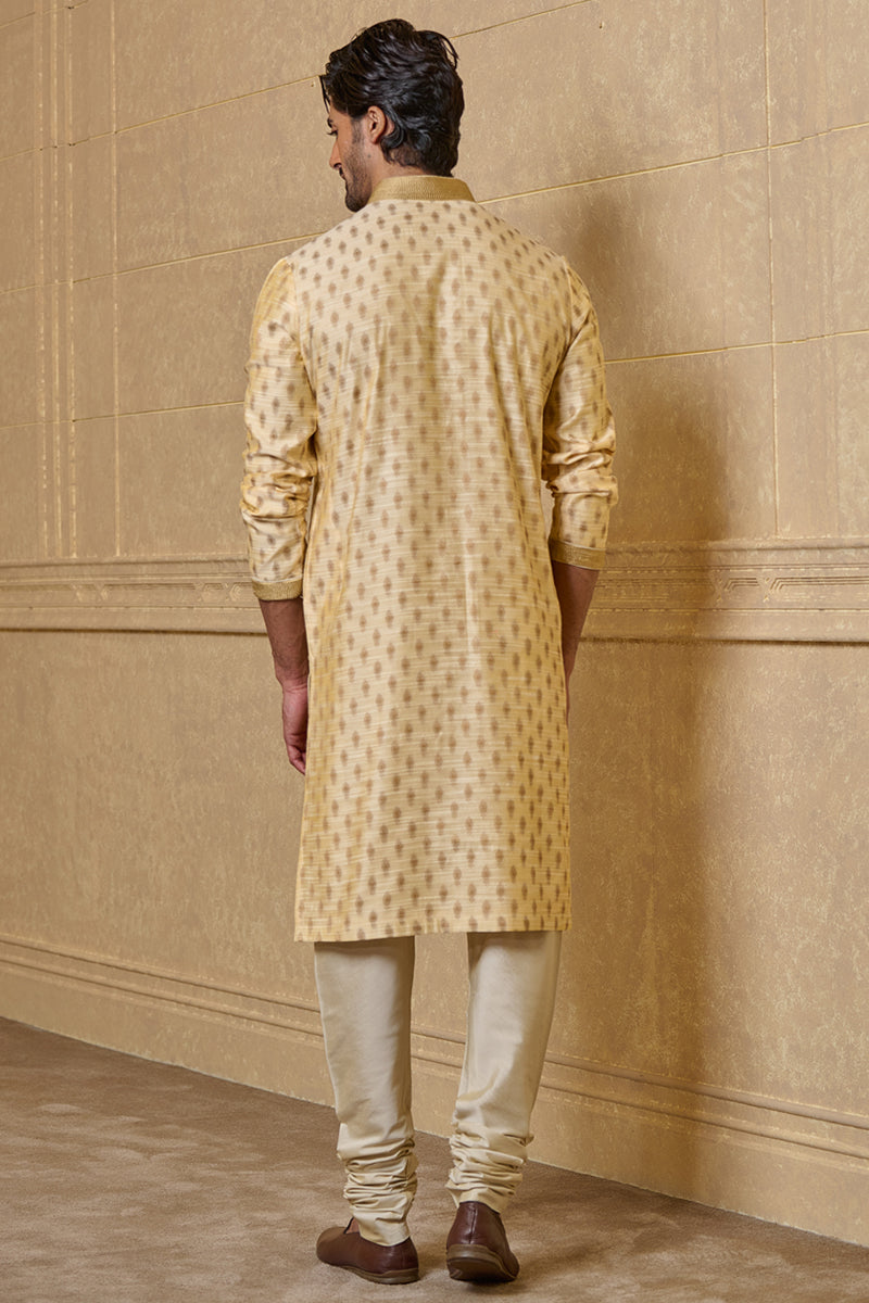 Gold Jacquard Kurta Set With Top Stitch Detailing