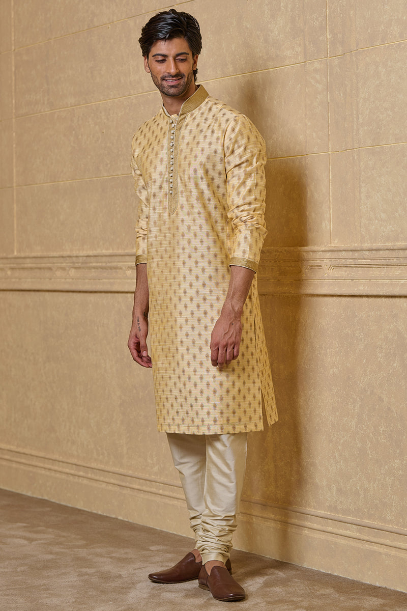 Gold Jacquard Kurta Set With Top Stitch Detailing