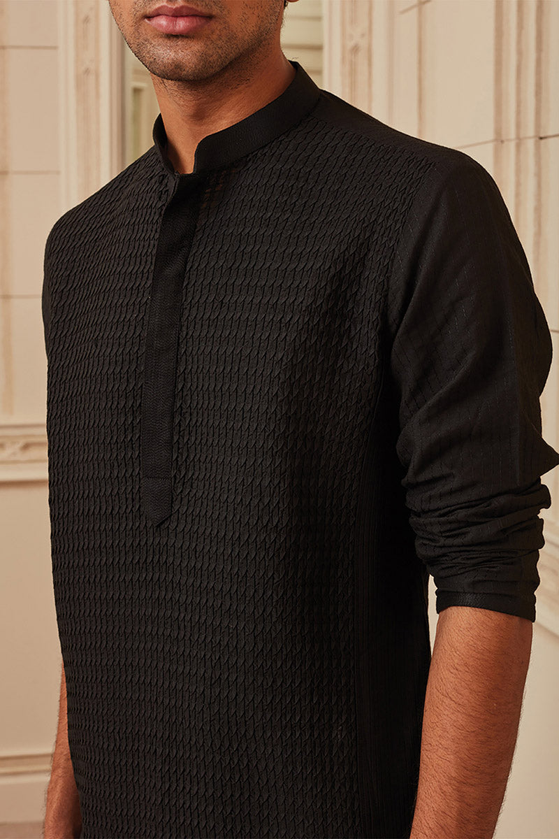 Black All Over Textured Kurta Set