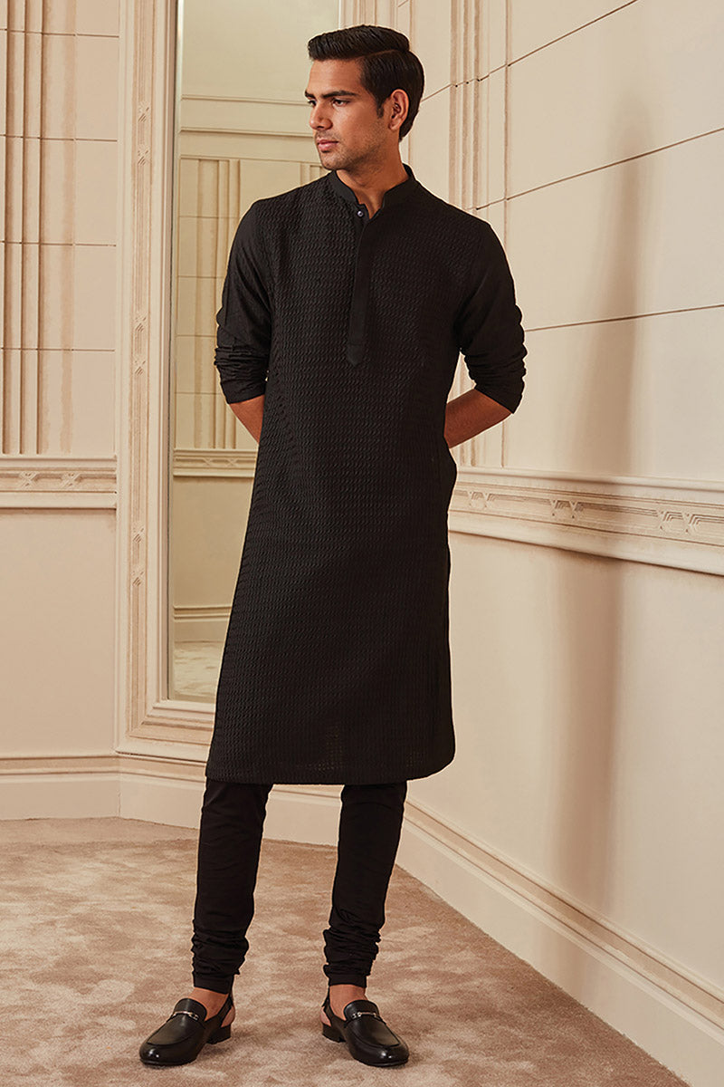 Black All Over Textured Kurta Set