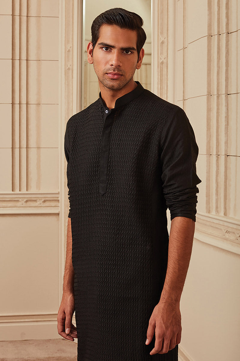 Black All Over Textured Kurta Set