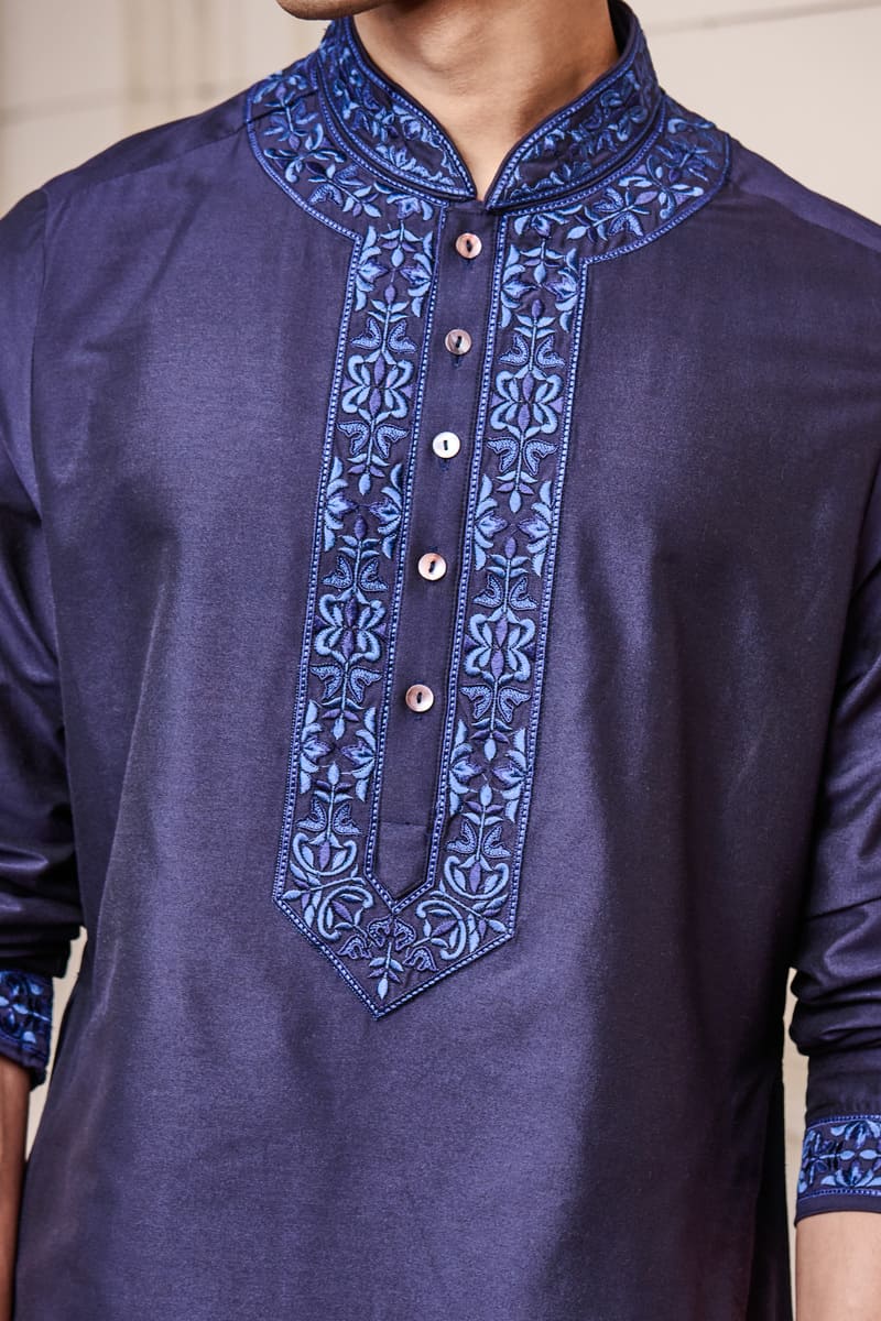 Navy Kurta Set with Embroidered Collar and Placket