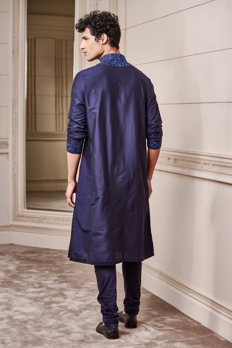 Navy Kurta Set with Embroidered Collar and Placket