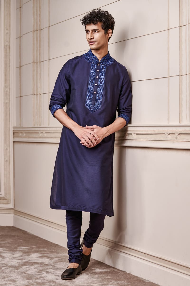 Navy Kurta Set with Embroidered Collar and Placket