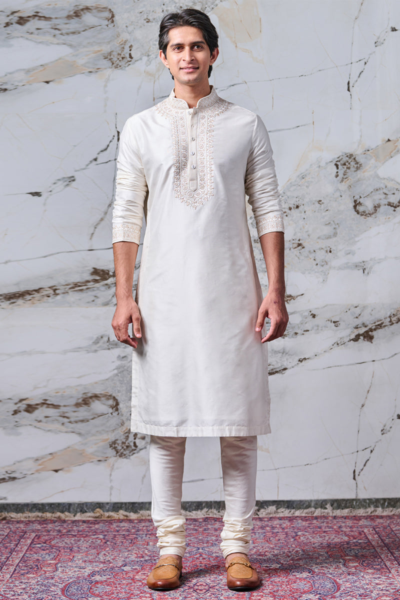 Ivory Thread Embroidered Silk Kurta Set