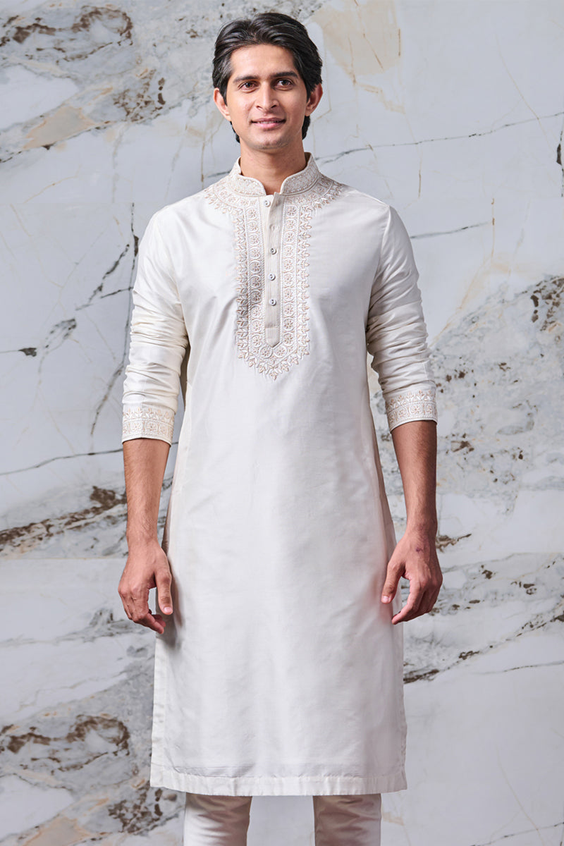 Ivory Thread Embroidered Silk Kurta Set