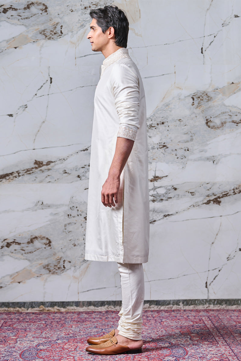 Ivory Thread Embroidered Silk Kurta Set