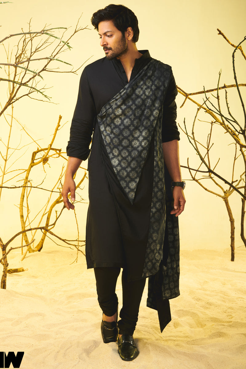 Black Draped Kurta Set with Printed Panel