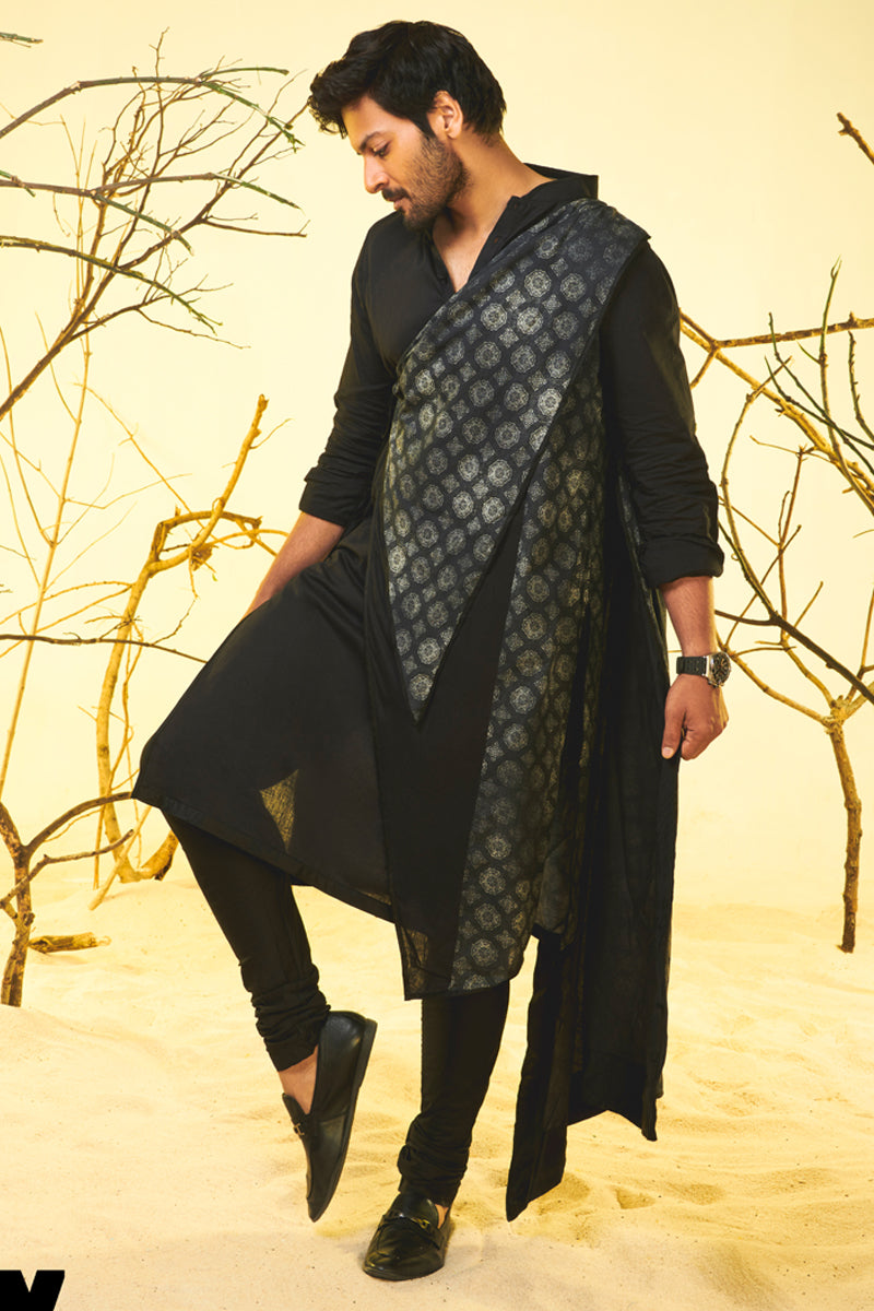 Black Draped Kurta Set with Printed Panel