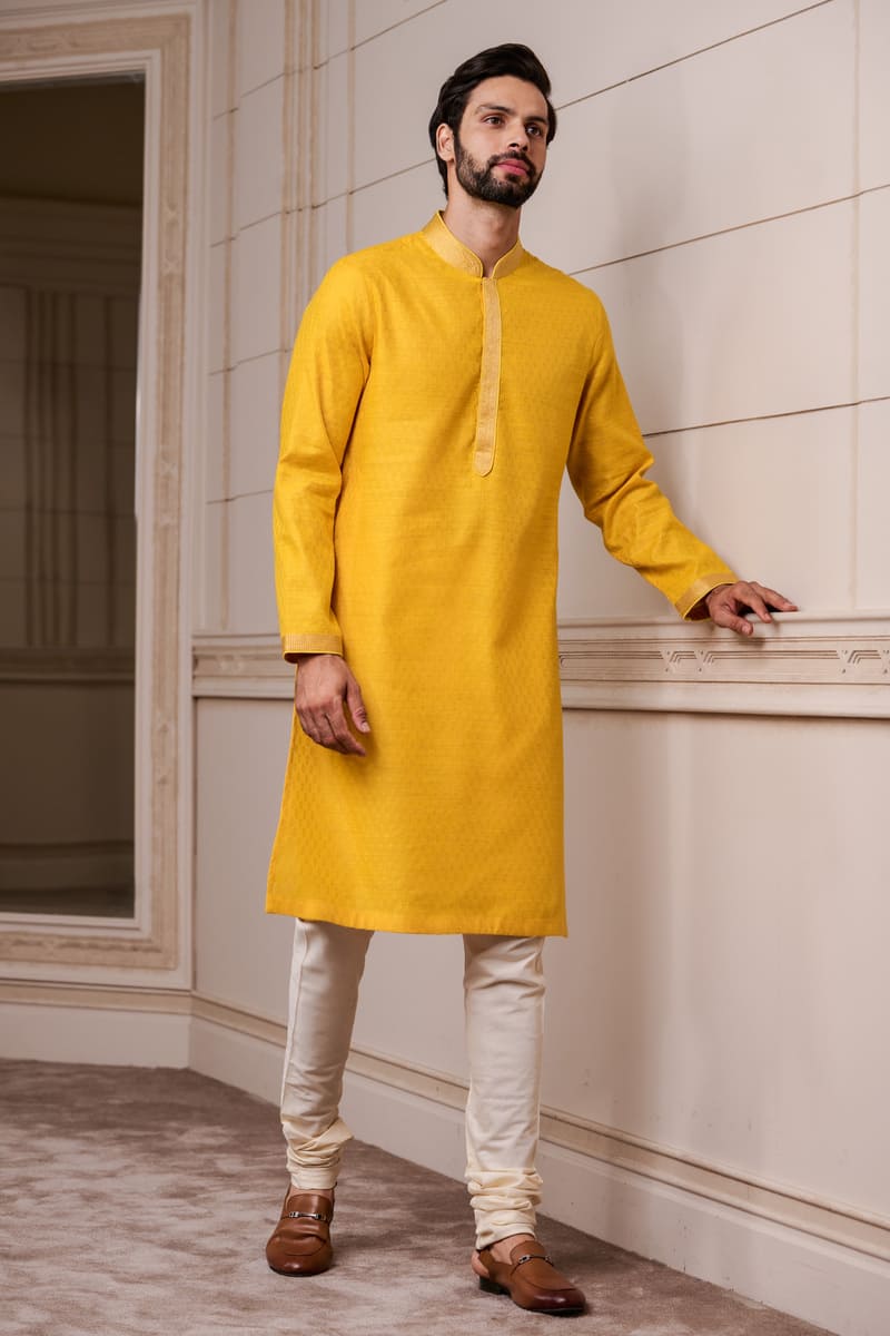 Yellow Jacquard Kurta Set with Top Stich Detailing