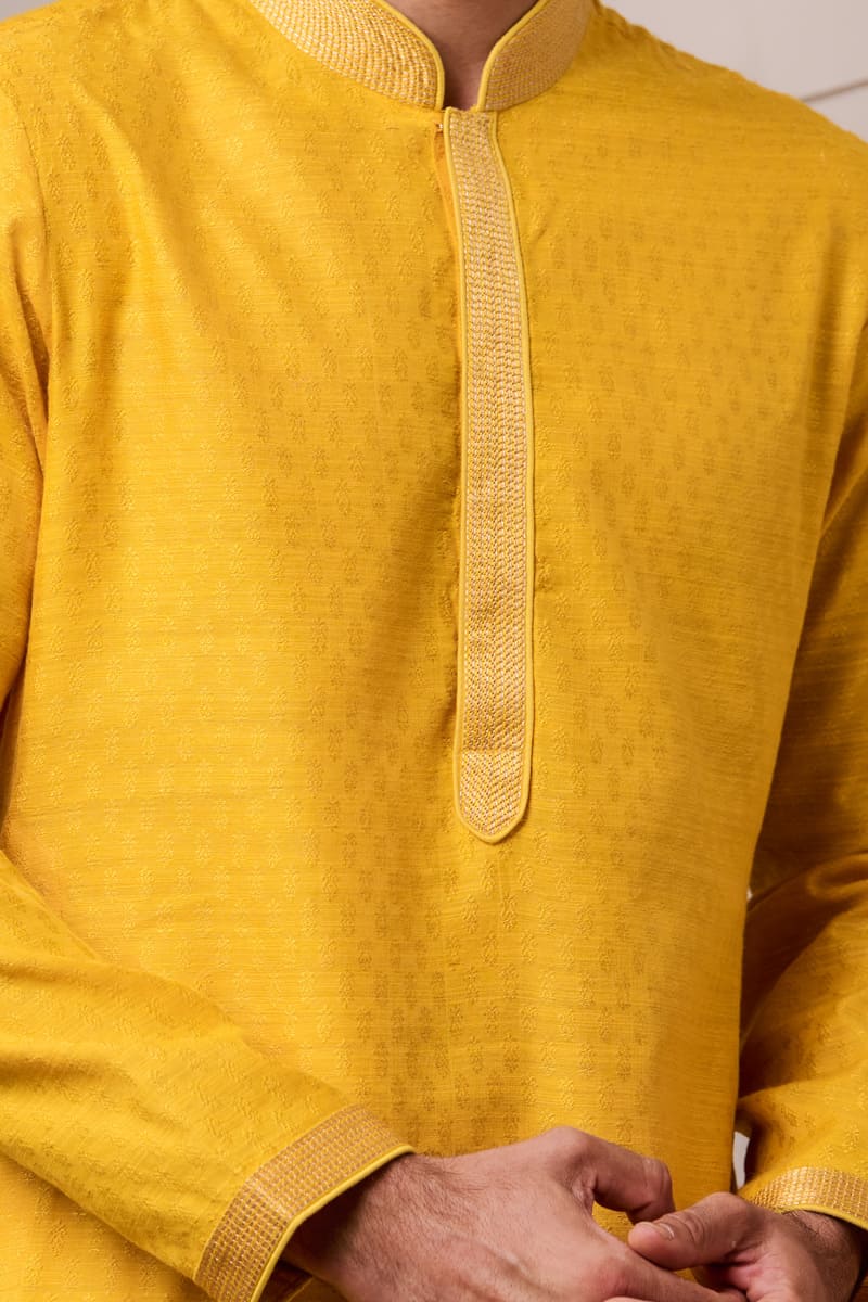 Yellow Jacquard Kurta Set with Top Stich Detailing