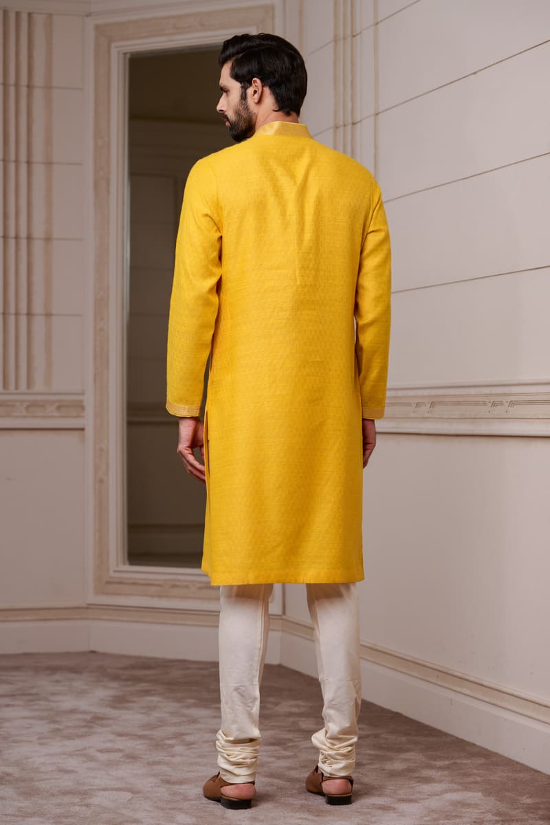 Yellow Jacquard Kurta Set with Top Stich Detailing