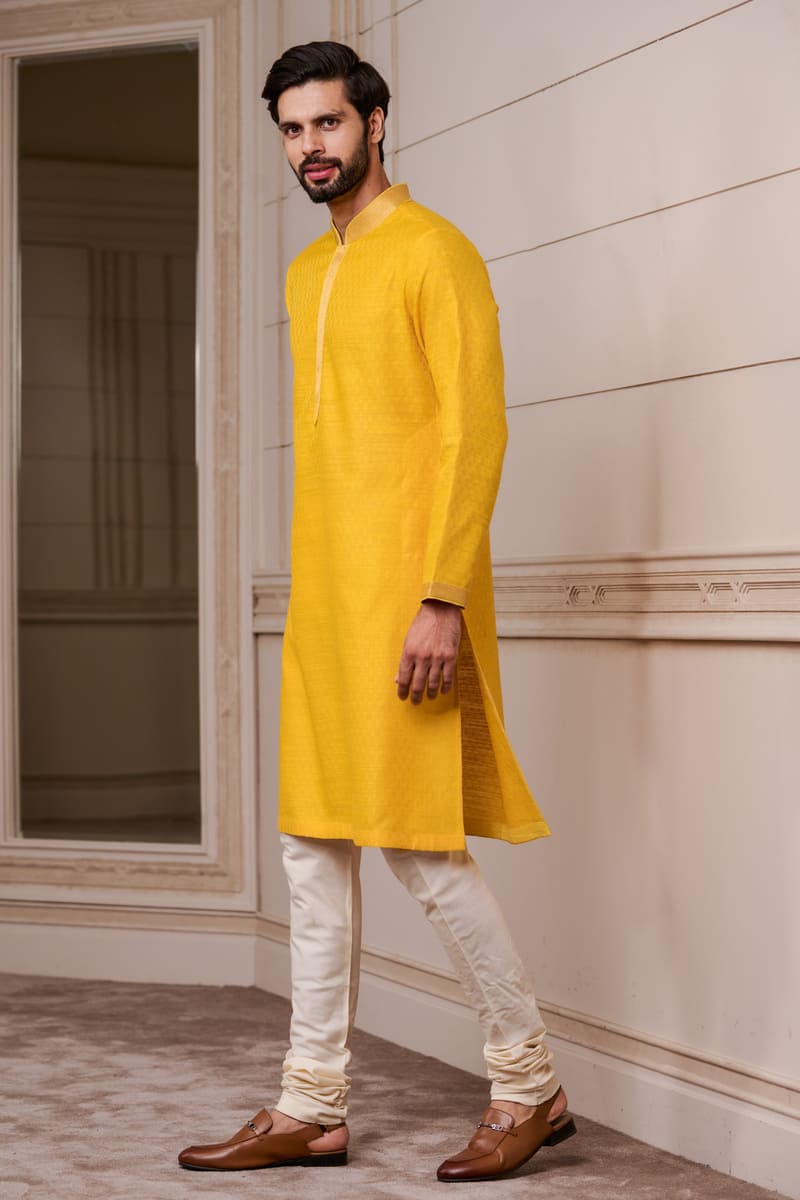 Yellow Jacquard Kurta Set with Top Stich Detailing