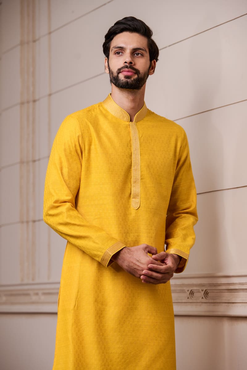 Yellow Jacquard Kurta Set with Top Stich Detailing