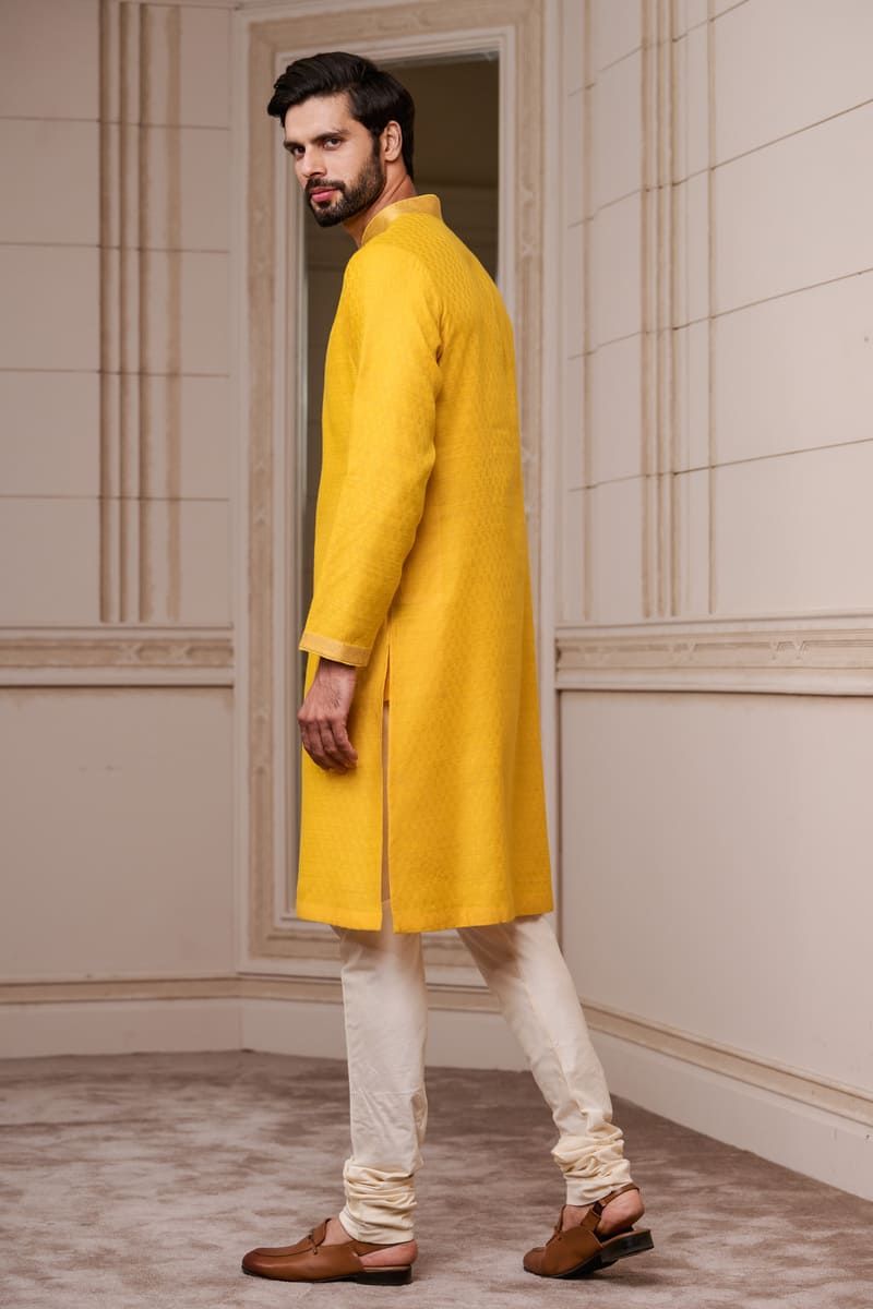 Yellow Jacquard Kurta Set with Top Stich Detailing