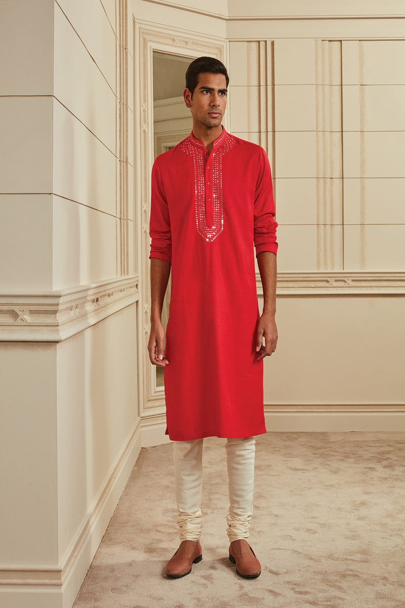 Pink Kurta Set With Mirror Work On Yoke