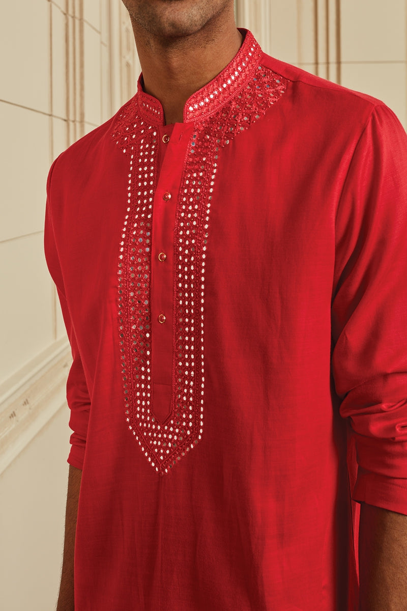 Pink Kurta Set With Mirror Work On Yoke