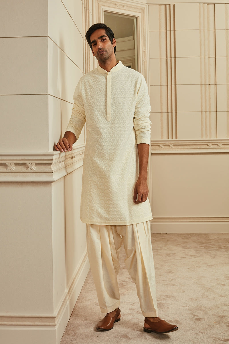 Light Yellow All Over Embroidered Schiffli Kurta Set