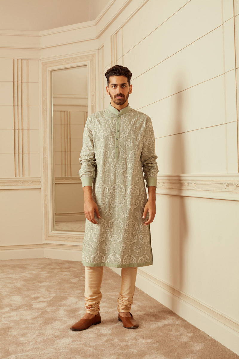 Light Green Printed And All Over Top Stitched Kurta Set