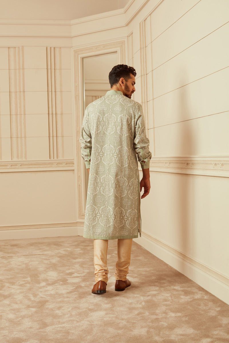 Light Green Printed And All Over Top Stitched Kurta Set