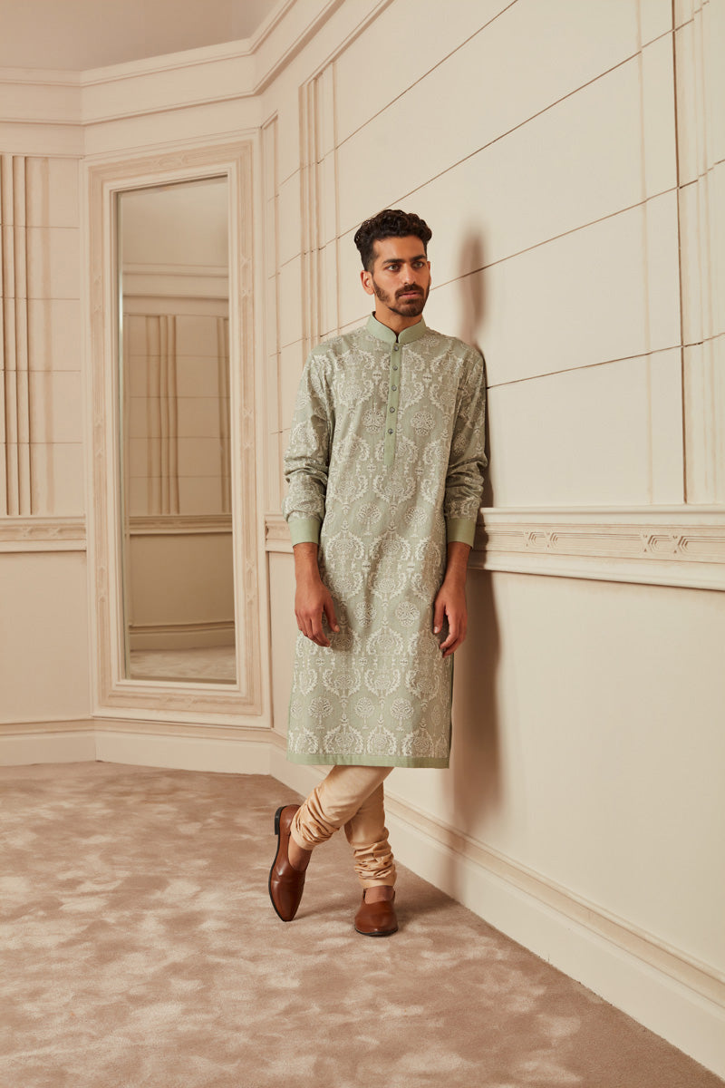 Light Green Printed And All Over Top Stitched Kurta Set