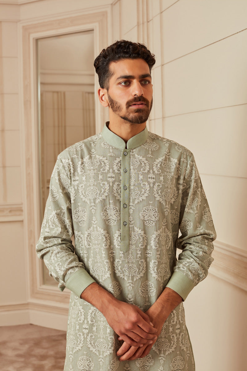 Light Green Printed And All Over Top Stitched Kurta Set