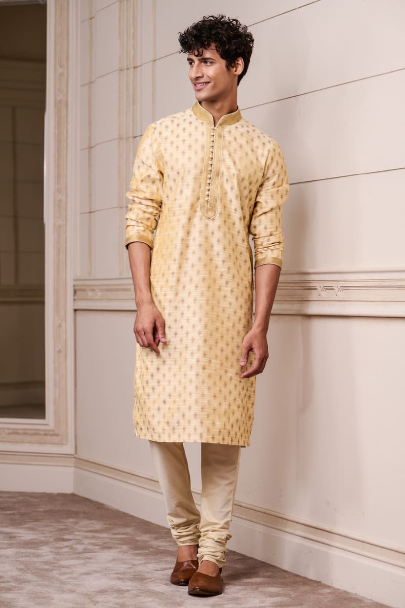 Gold Jacquard Kurta Set with Top Stich Detailing