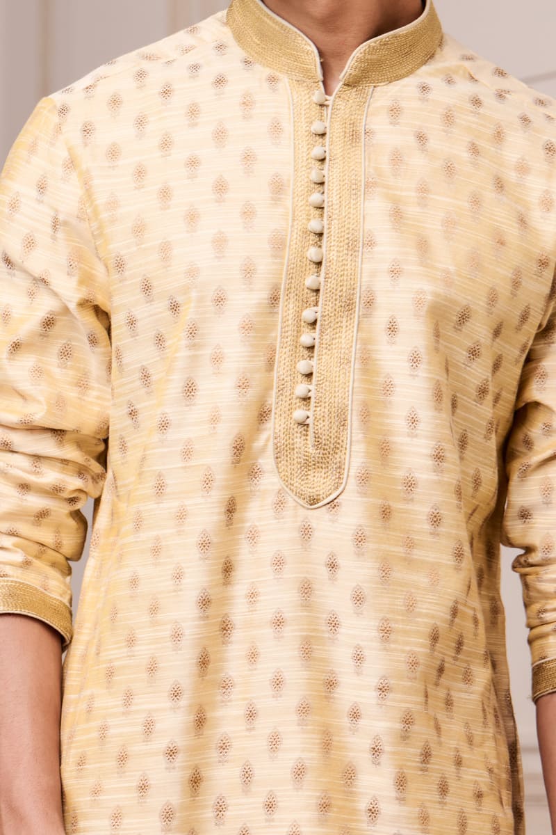 Gold Jacquard Kurta Set with Top Stich Detailing