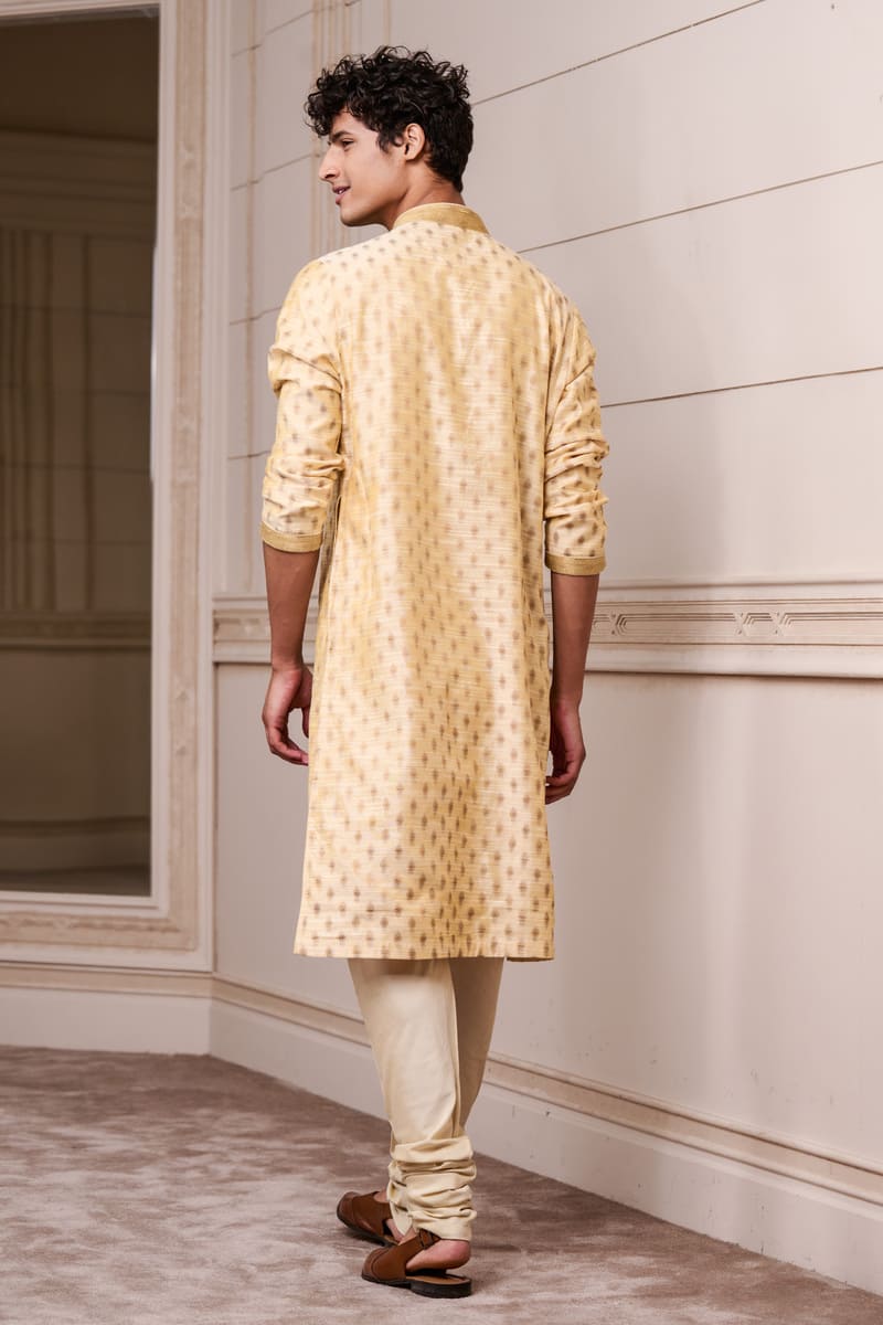 Gold Jacquard Kurta Set with Top Stich Detailing