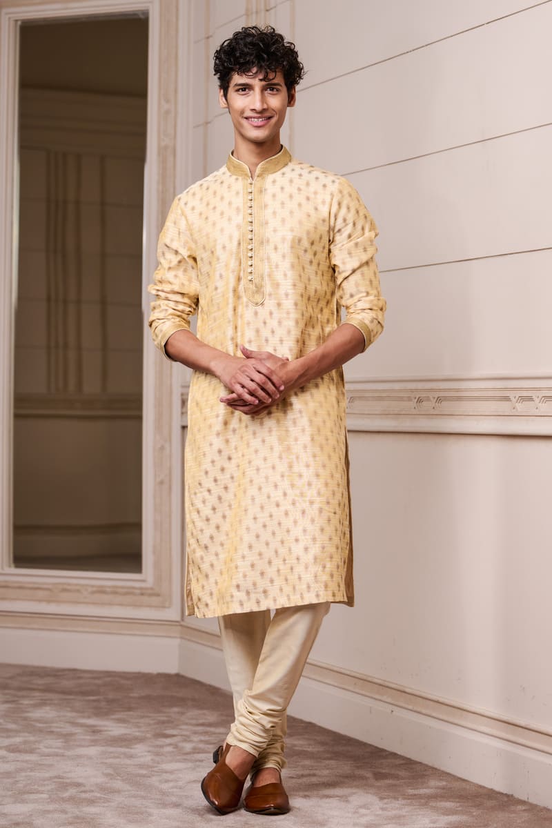 Gold Jacquard Kurta Set with Top Stich Detailing