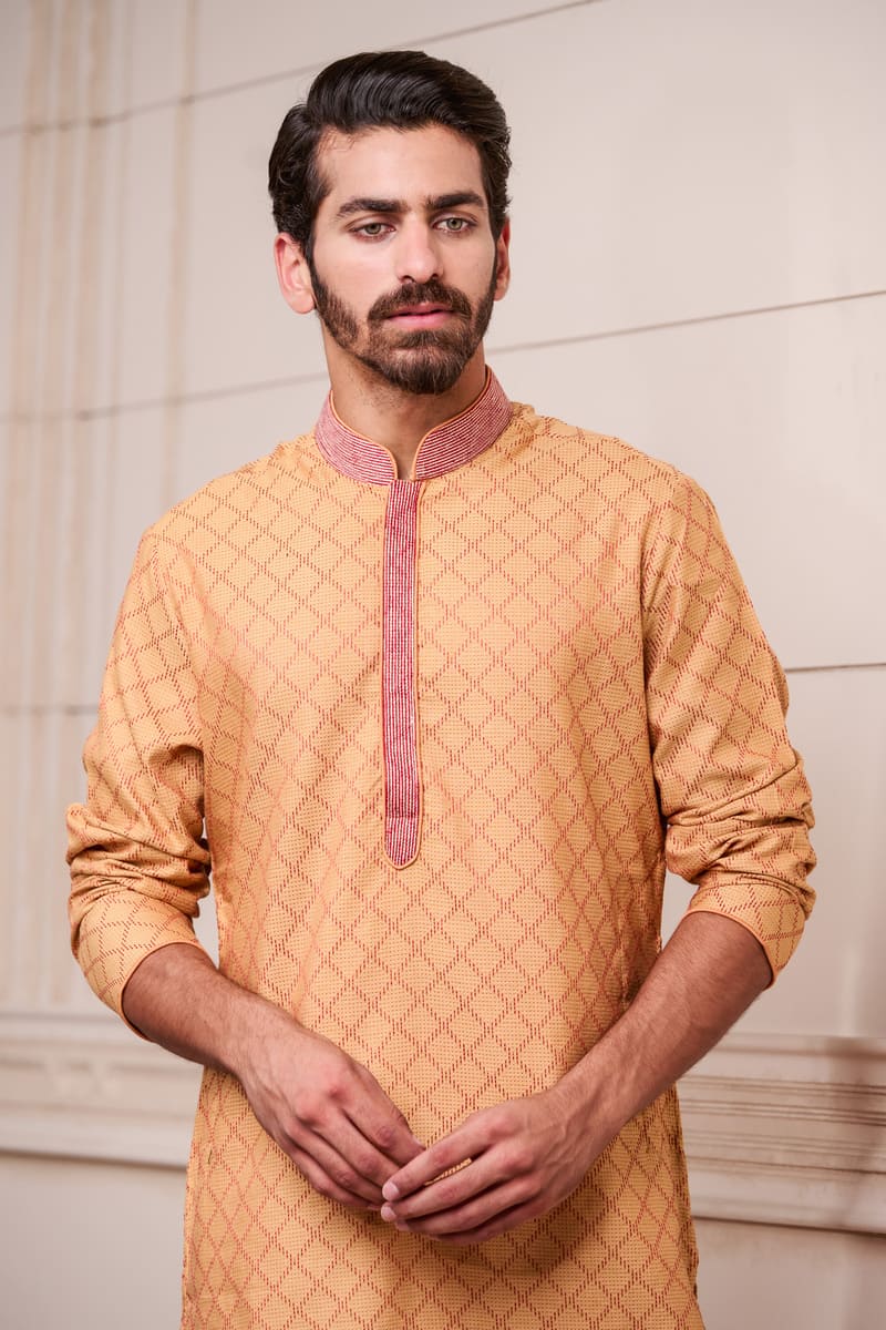 Yellow Self Textured Kurta Set