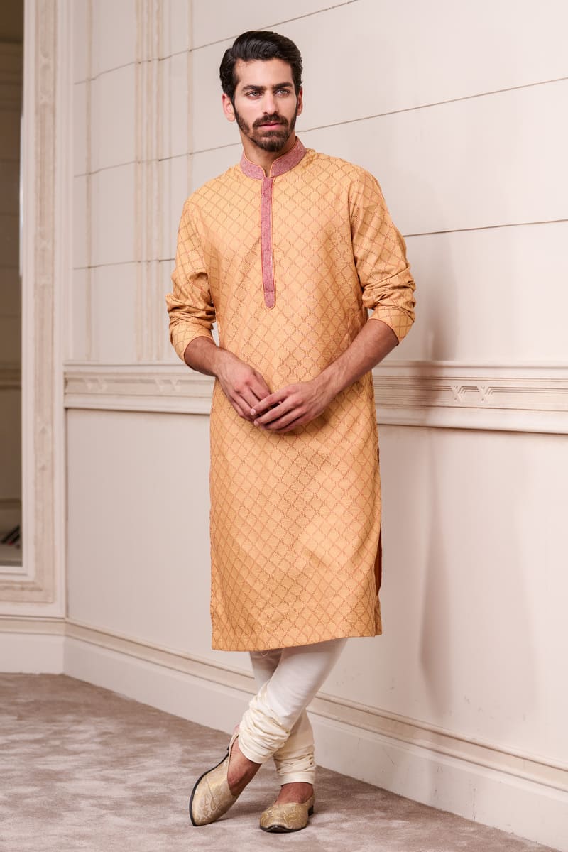 Yellow Self Textured Kurta Set