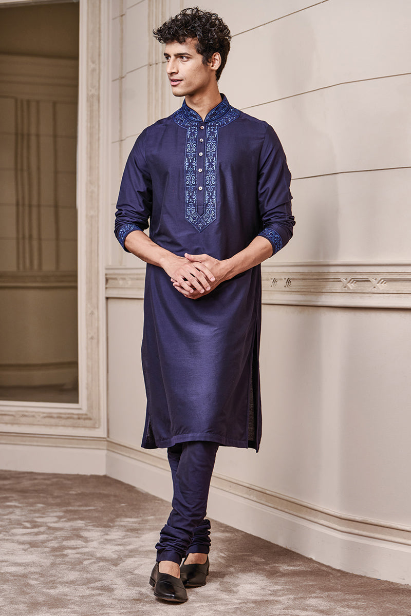 Navy Kurta Set With Thread Embroidery On Collar