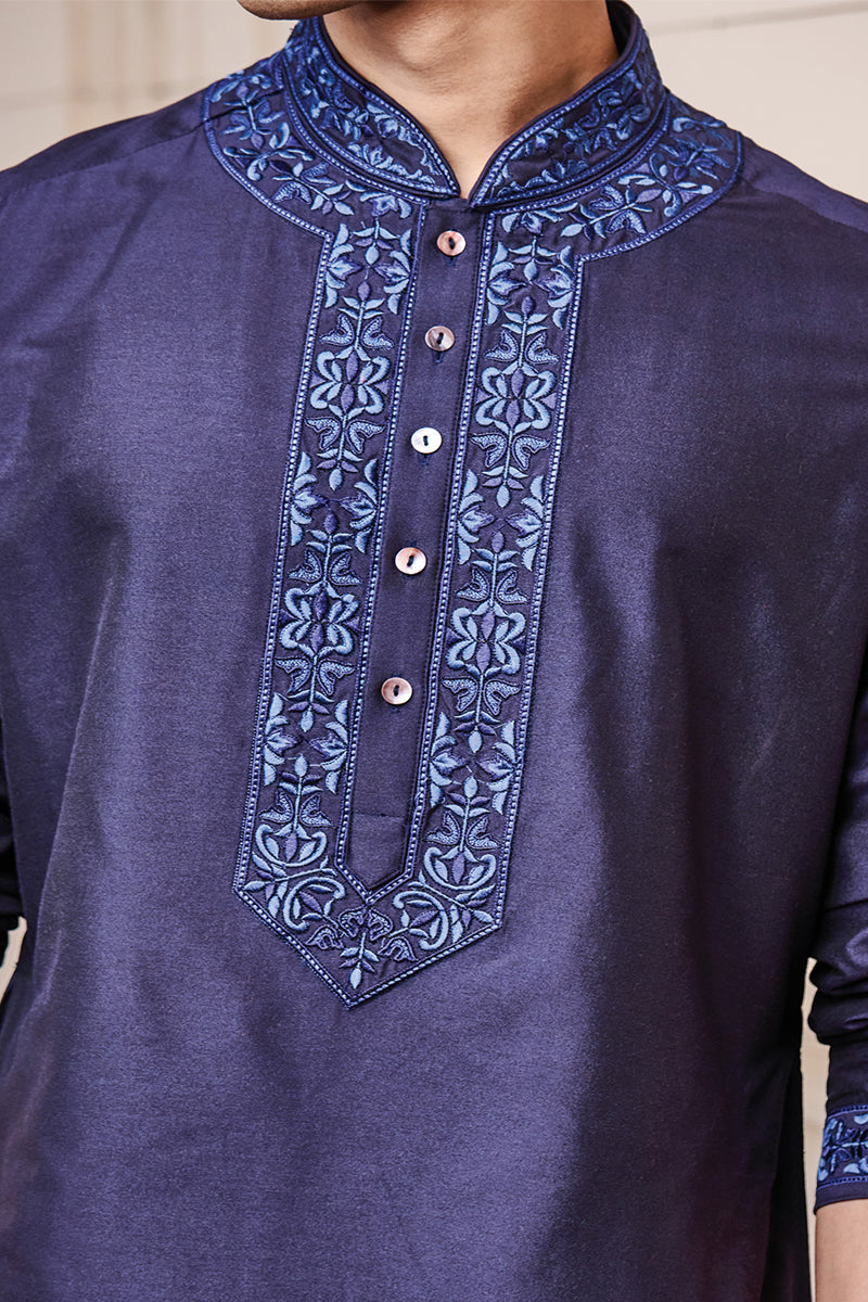 Navy Kurta Set With Thread Embroidery On Collar