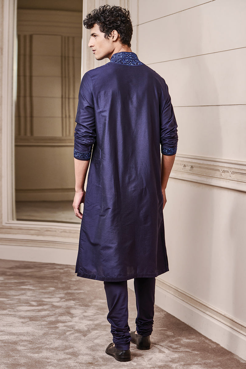 Navy Kurta Set With Thread Embroidery On Collar