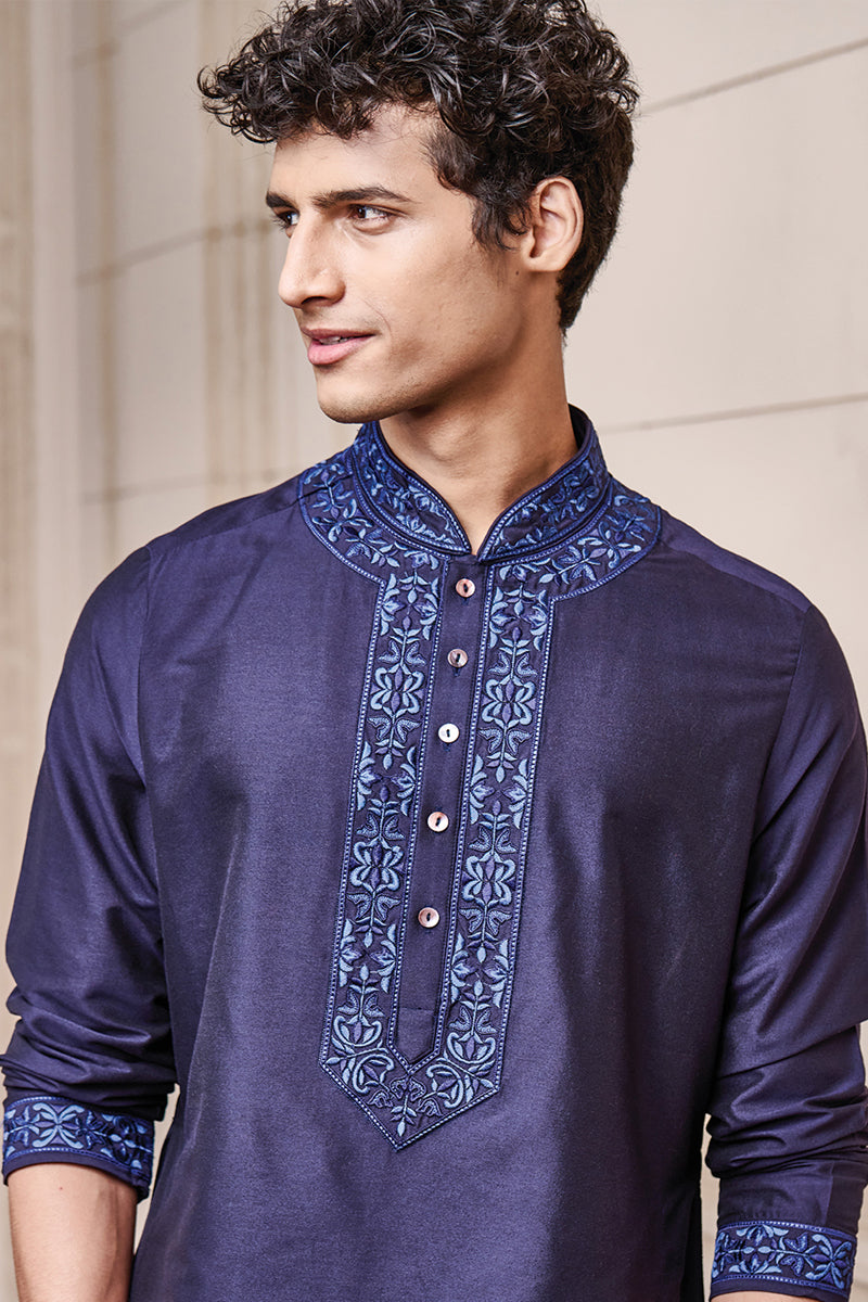 Navy Kurta Set With Thread Embroidery On Collar