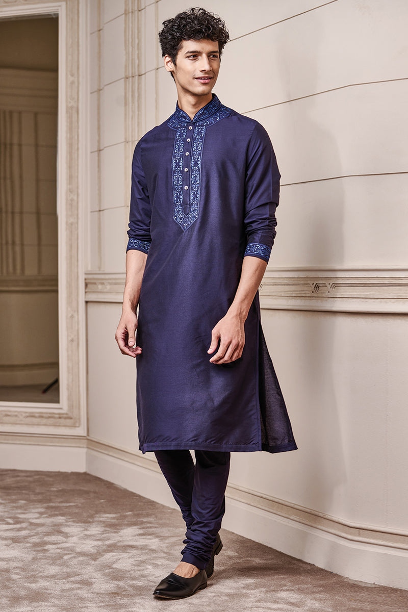 Navy Kurta Set With Thread Embroidery On Collar