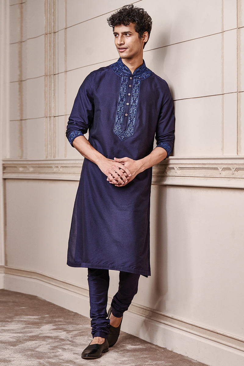 Navy Kurta Set With Thread Embroidery On Collar