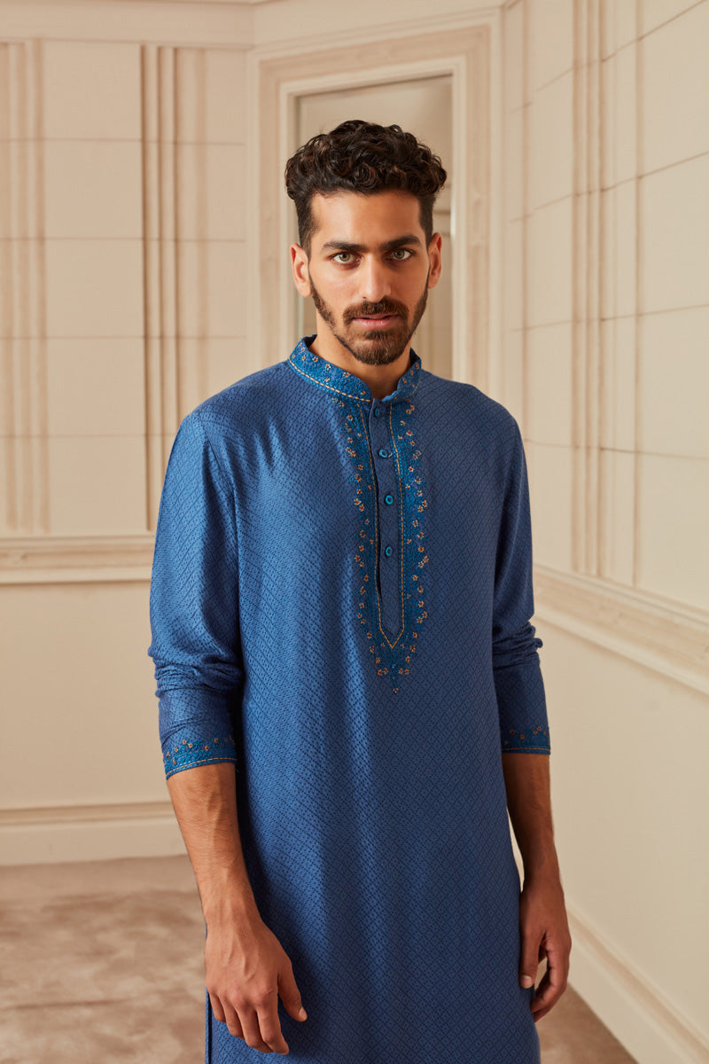 Medium Blue Self Textured Silk Jacquard Kurta Set With Embroidered Neck And Collar