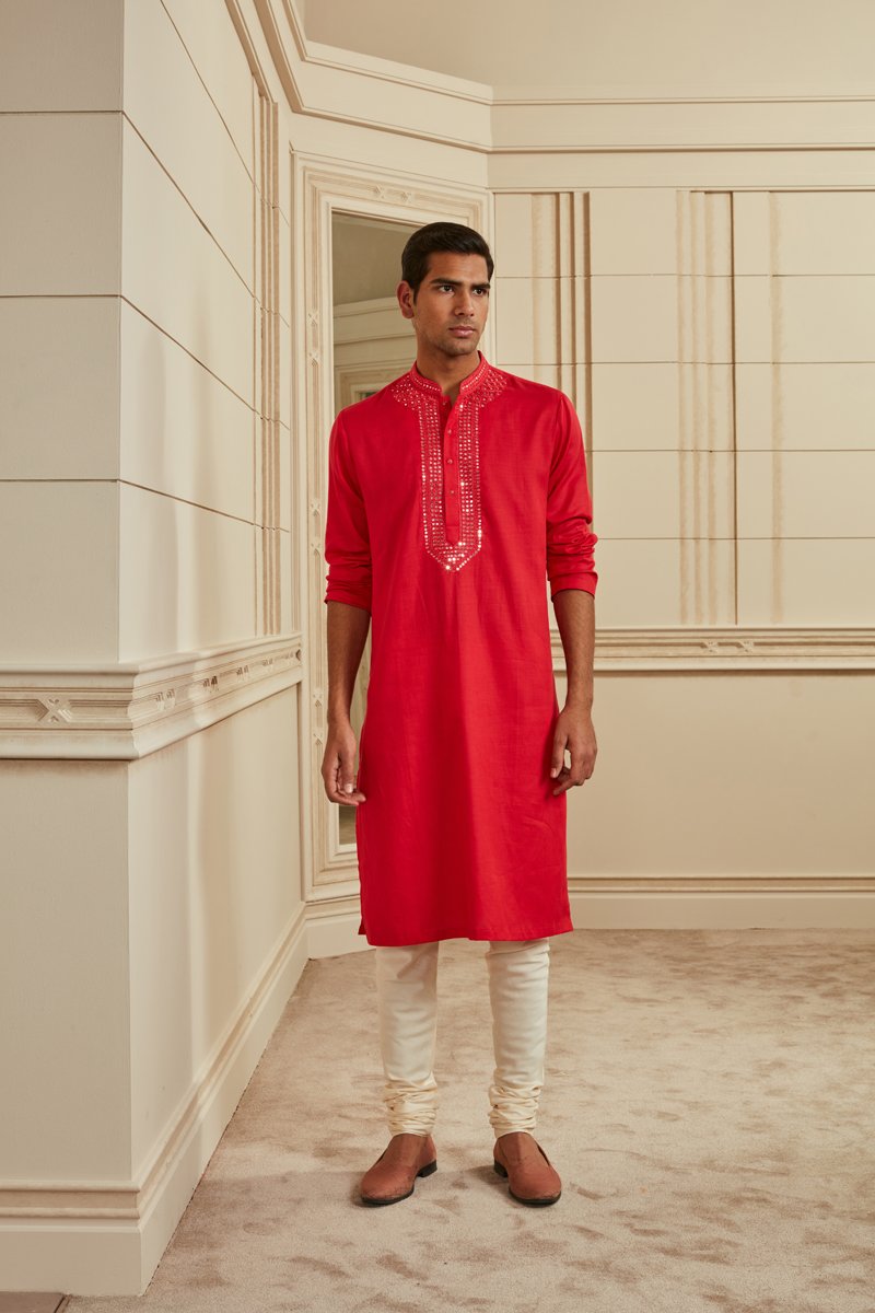 Red Mirror Work Kurta Set