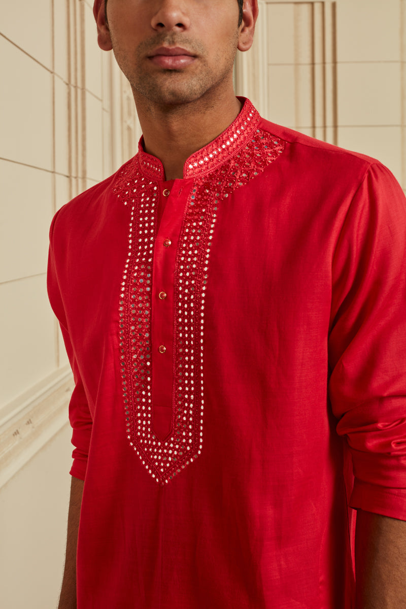 Red Mirror Work Kurta Set