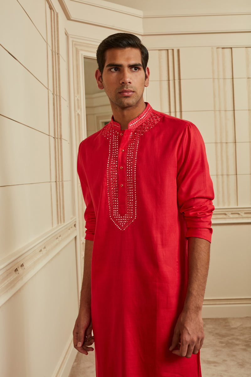 Red Mirror Work Kurta Set