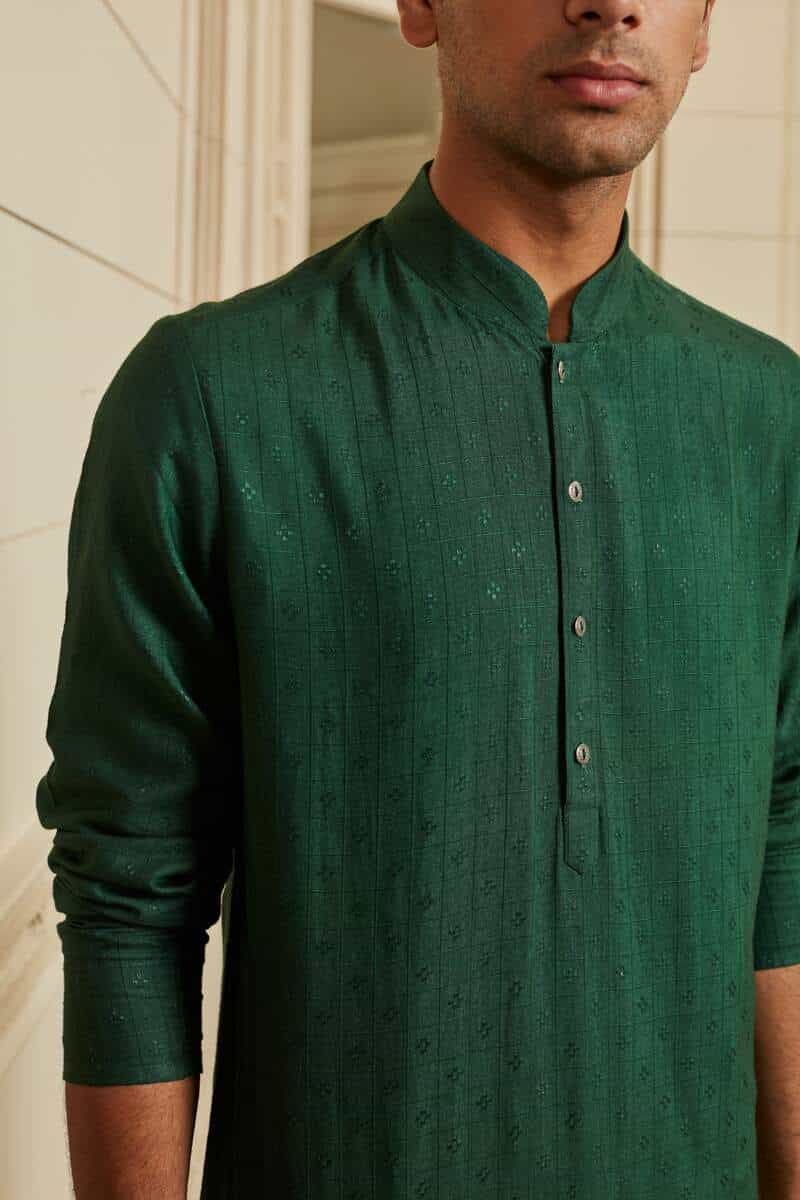 Dark Green Textured Kurta Set