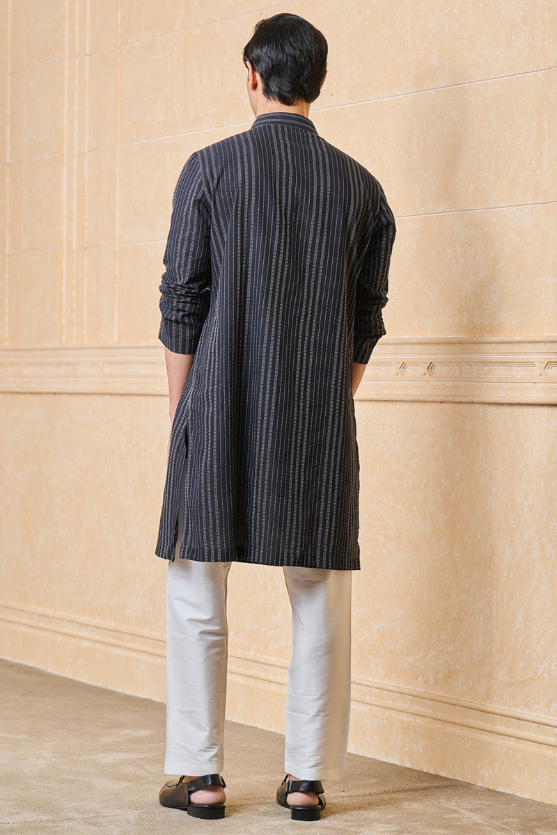 Black Striped Cotton Jacquard Kurta Set